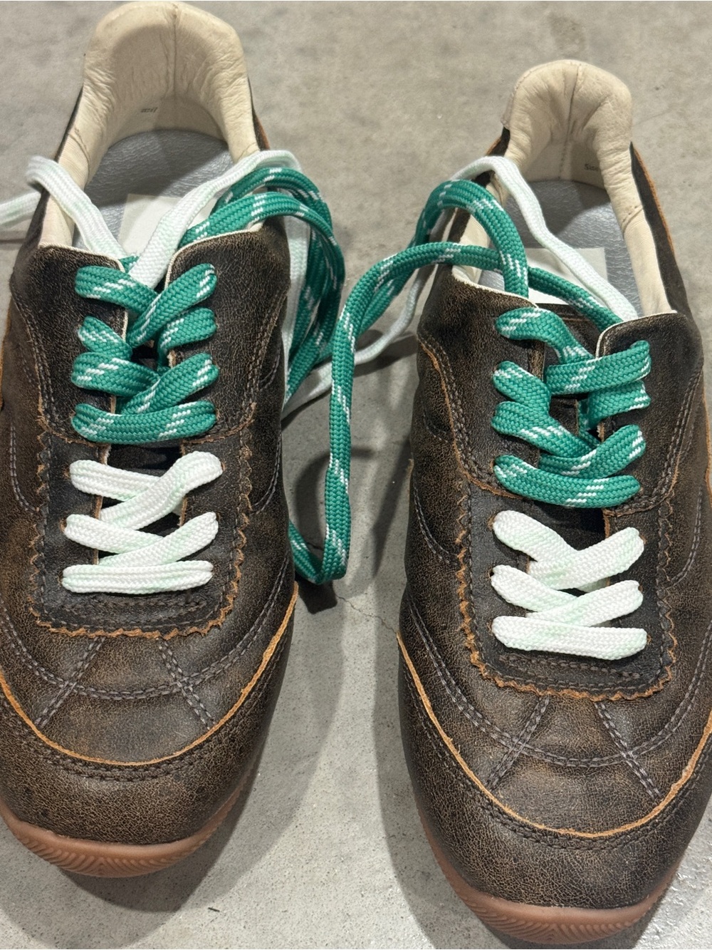 Brown Leather Casual Sneakers with White and Green Accents